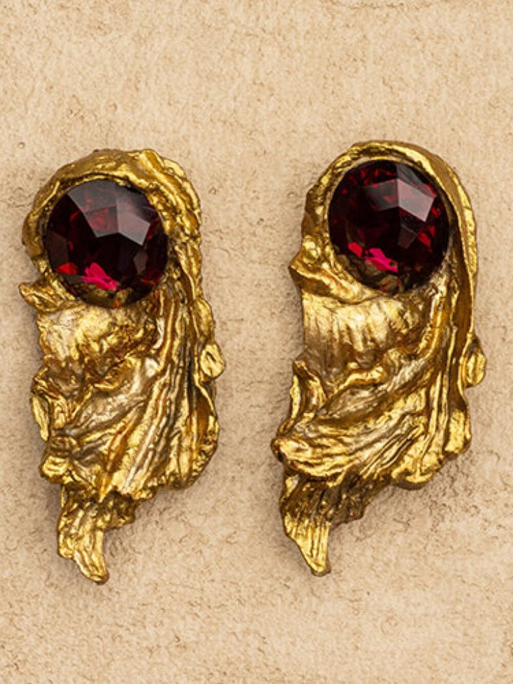 Handmade Papier-Mâché Gold Leaf Wing Earrings, Ruby Red Stone
